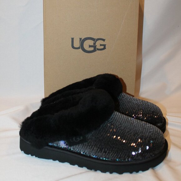 NIB UGG WOMEN'S SEQUIN‎ BLACK CLUGGETTE SHEARLING LINED SLIPPERS - Picture 1 of 7